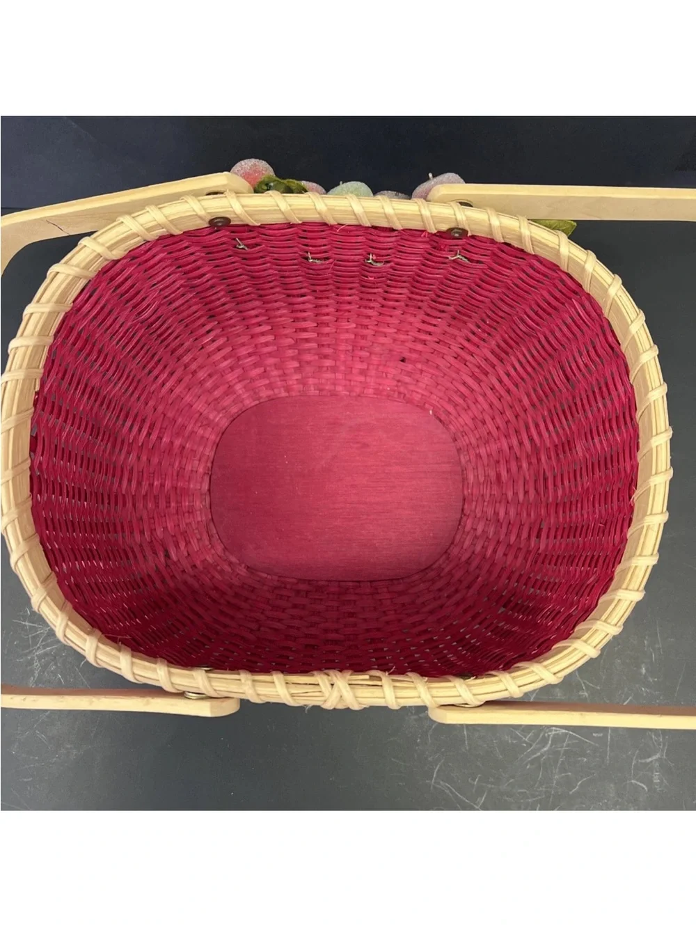 Vintage Red Woven Peterboro Oval Basket With Sugared Fruit & Double Handles 10”